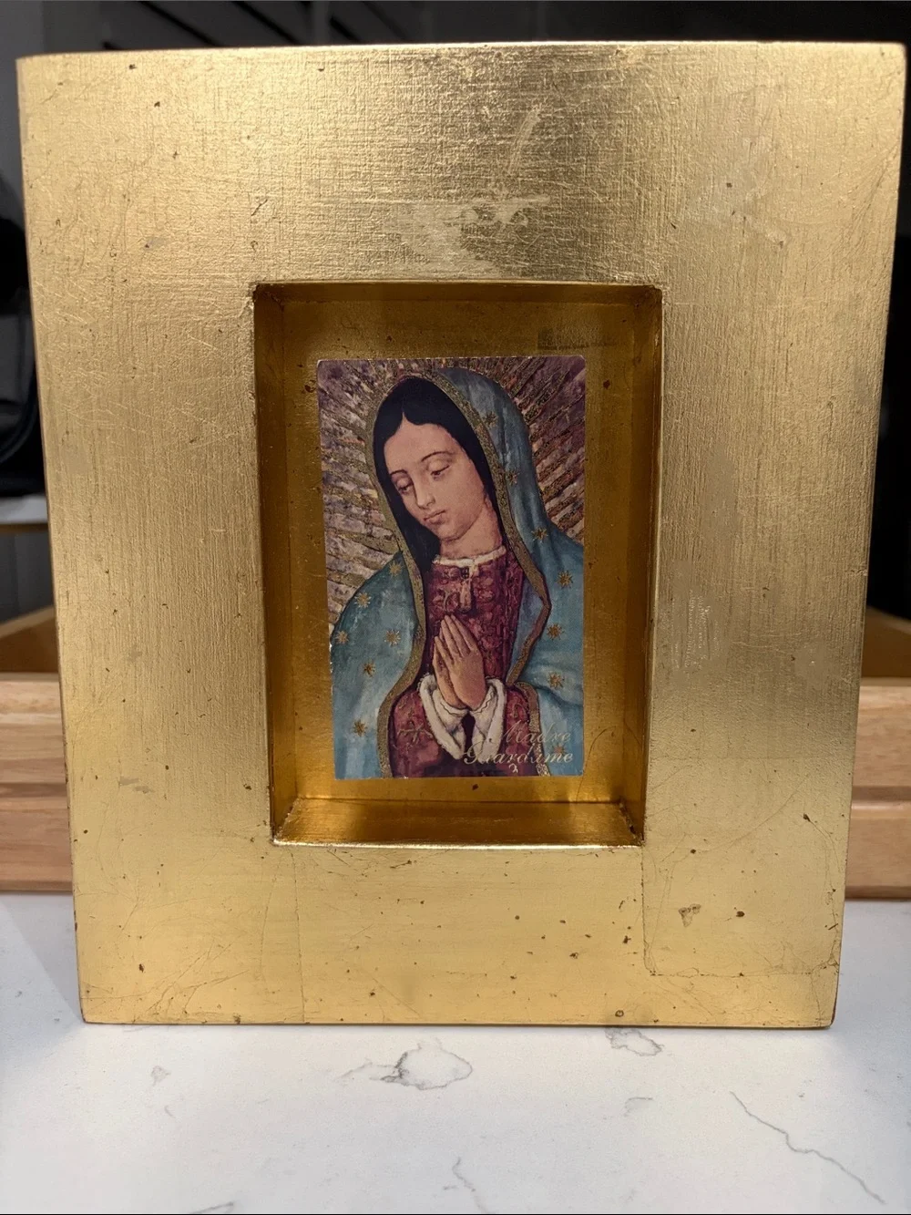 Gold leaf HandPainted Virgen De Guadalupe Wood Shadow Box Art Decor PreOwned